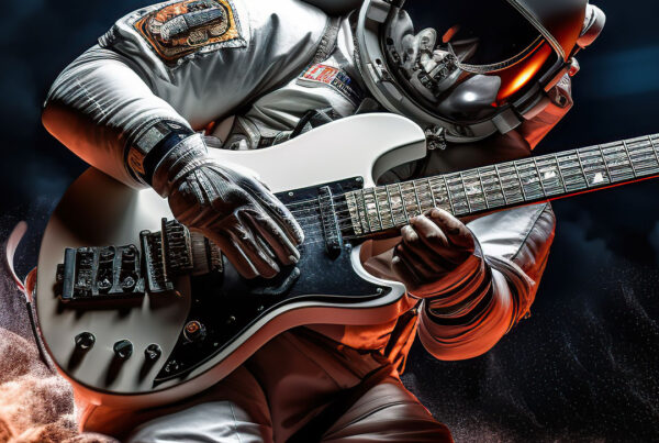 An astronaut in a highly detailed spacesuit playing an electric guitar surrounded by dark cinematic smoke, symbolizing the fusion of ambient rock and deep learning.