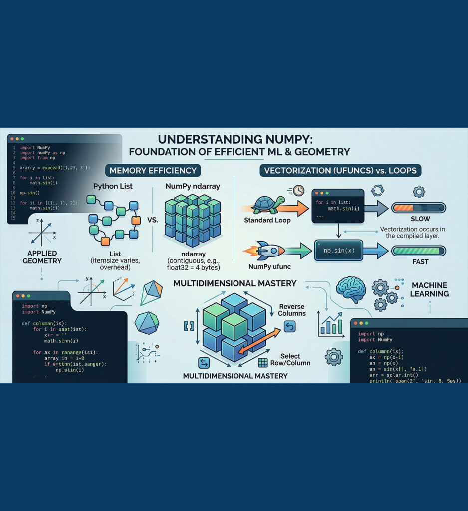 NumPy tutorial for beginners showing arrays, vectorization, memory efficiency, and Python vs NumPy performance