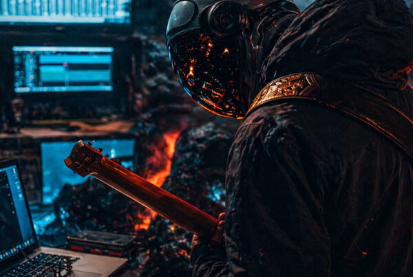 ambient guitar player with futuristic helmet using machine learning XGBoost inspired music production cinematic scene