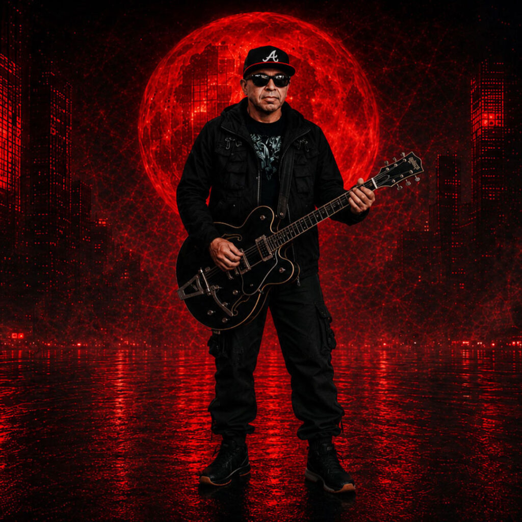 Randley Morales playing a Gretsch guitar in a red cyberpunk cityscape for The Geometry of Sound.