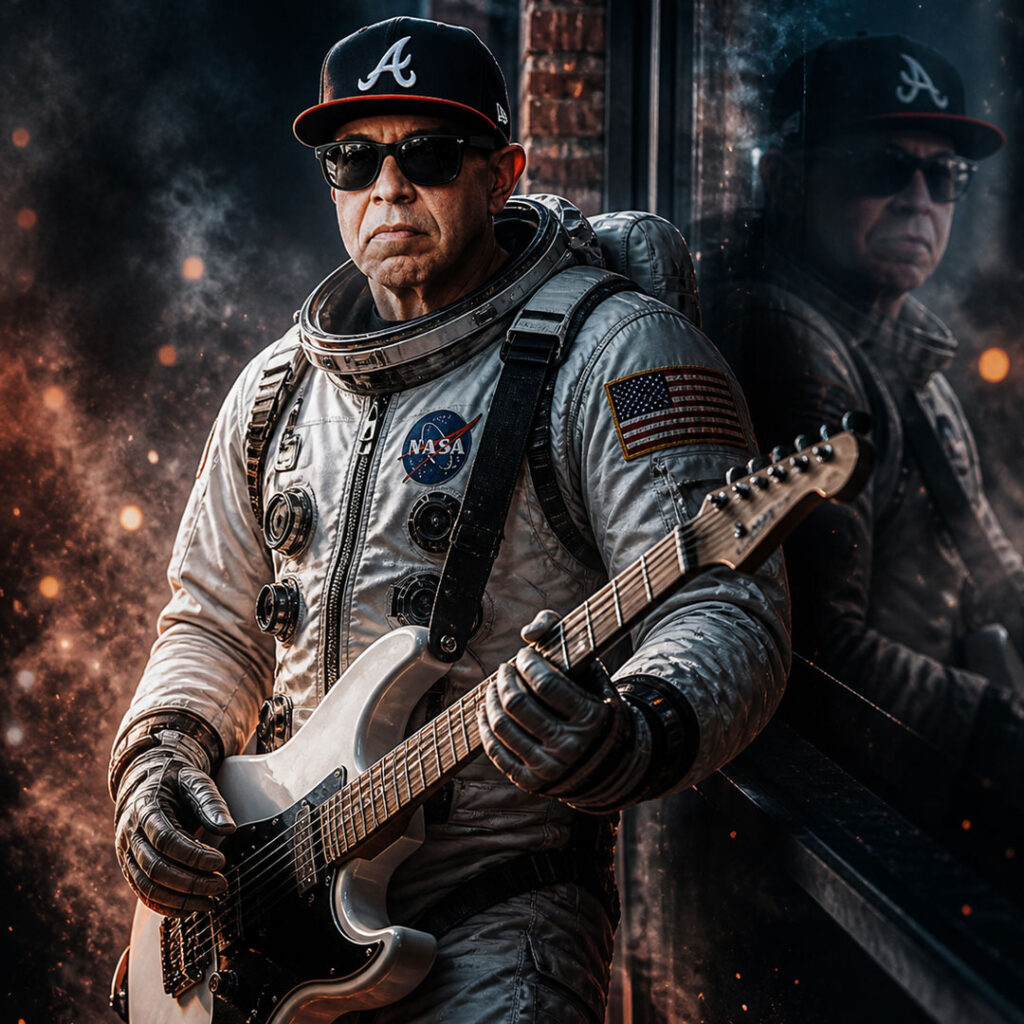 Cinematic astronaut guitarist holding an electric guitar with smoky lighting, neural network inspired atmosphere, and reflective urban portrait style