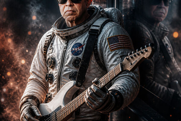 Cinematic astronaut guitarist holding an electric guitar with smoky lighting, neural network inspired atmosphere, and reflective urban portrait style