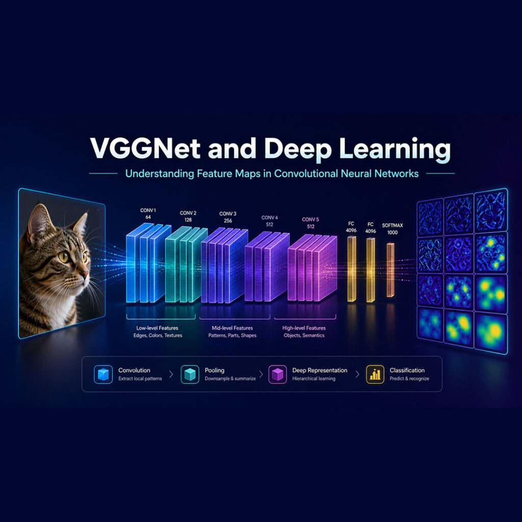 VGGNet deep learning diagram showing a cat image passing through CNN layers and feature maps.