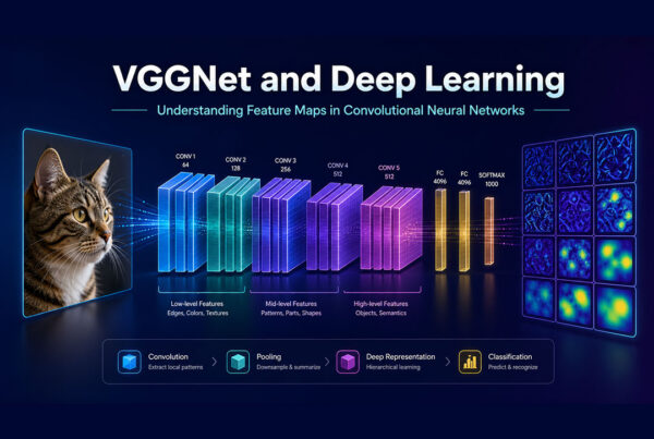 VGGNet deep learning diagram showing a cat image passing through CNN layers and feature maps.
